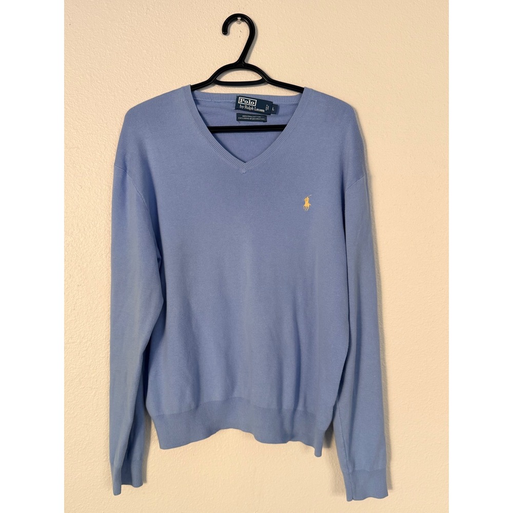 Polo Ralph Lauren Mens Blue 100% Pima Cotton V-Neck Pony Logo Sweater Large